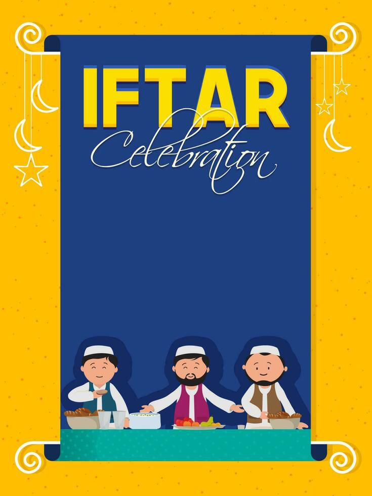 iftar fiesta volantes diseño con islámico hombres disfrutando delicioso comidas en azul y naranja antecedentes. vector