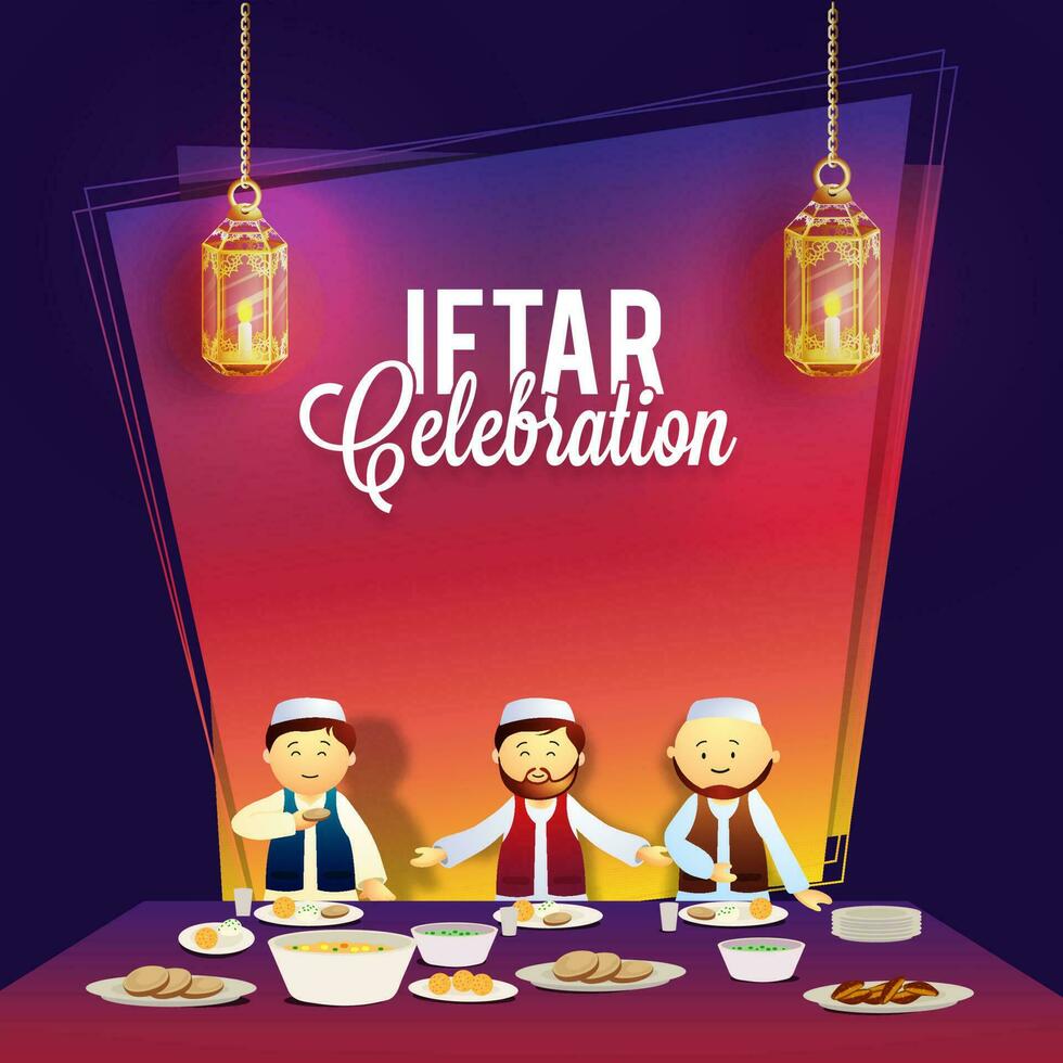 Ramadán Kareem, iftar fiesta invitación tarjeta con ilustración de musulmán hombres disfrutando delicioso alimento. vector