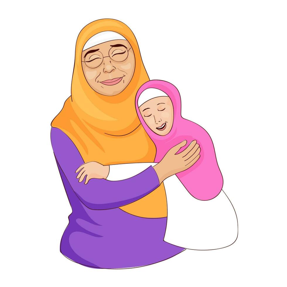Islamic Young Girl Hugging Grandmother On White Background. vector