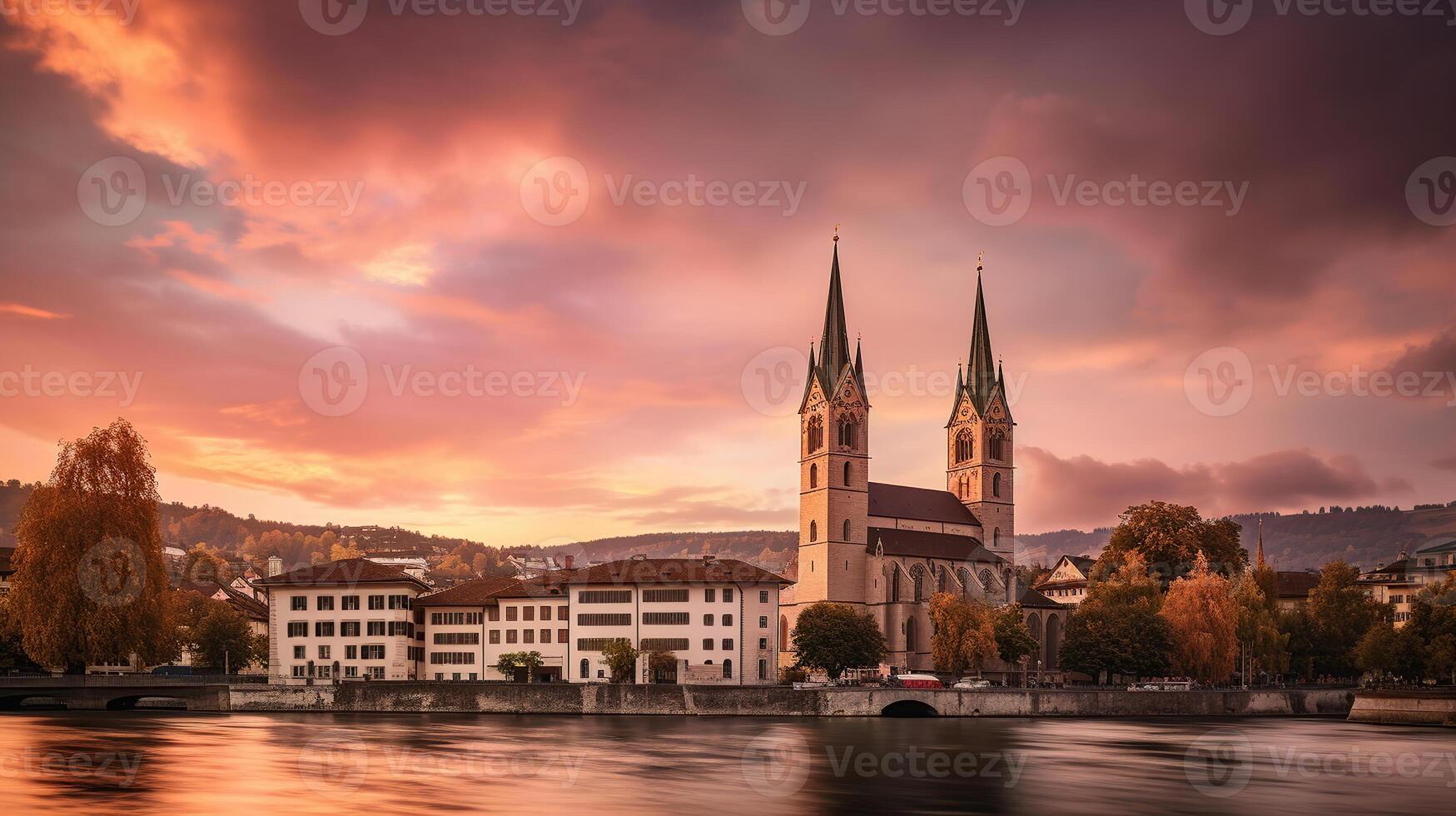 Cityscape image of Zurich with colorful sky, during dramatic sunset, photo