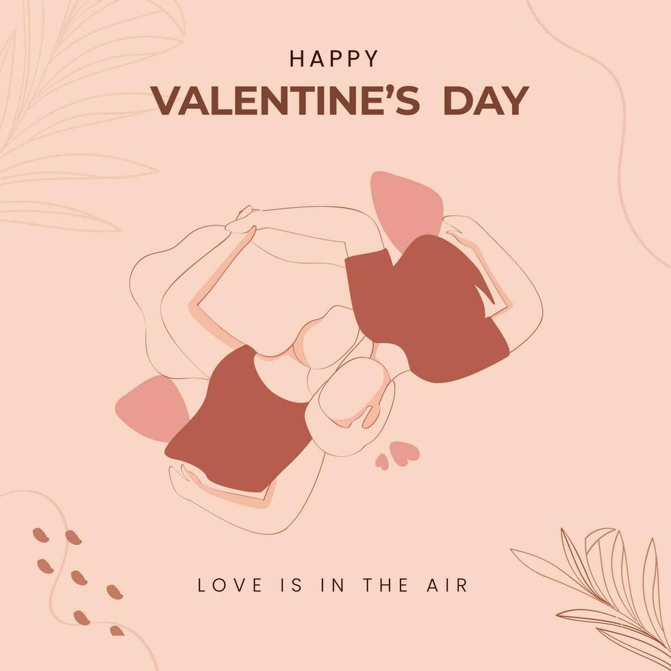 Top View Of Faceless Young Couple Lying Down With Their Heads Together On Peach Background For Happy Valentine's Day, Love Is In The Air. vector