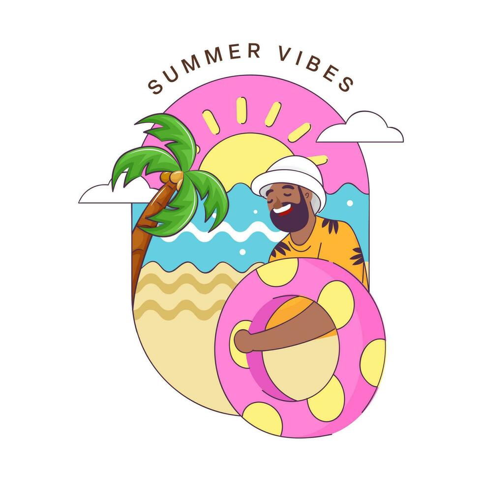 Summer Vibes Concept With Cheerful Man Holding Swimming Ring, Coconut Tree, Sun And Beach Side On White Background. vector
