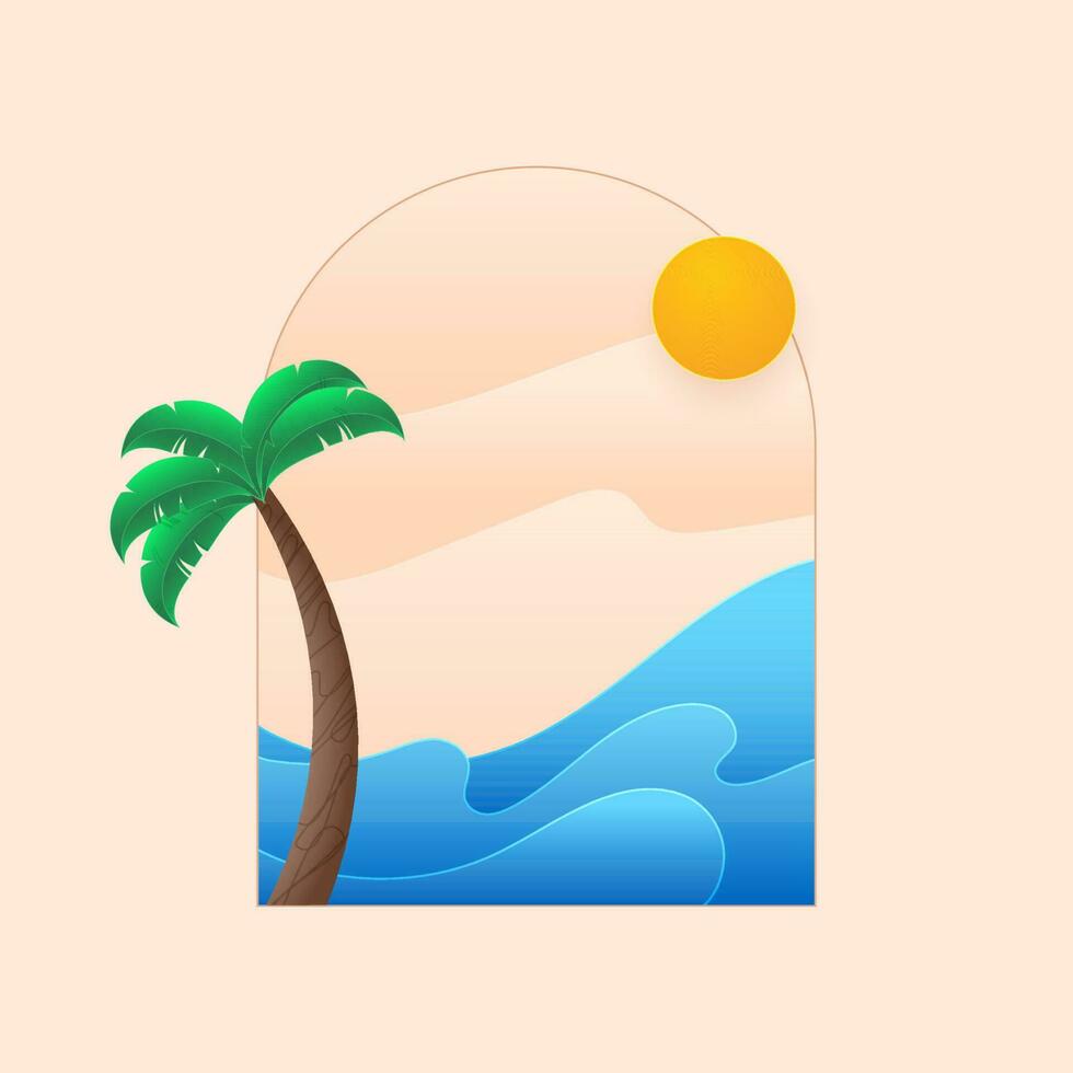 Coconut Or Palm Tree With Sunshine On Glossy Pink And Blue Background. vector