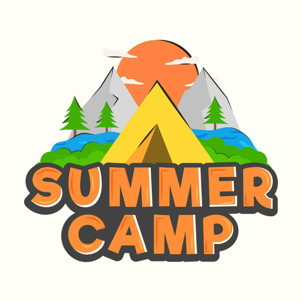 Sticker Style Summer Camp Font With Tent, Mountain, Tree And Sun On White Background. vector