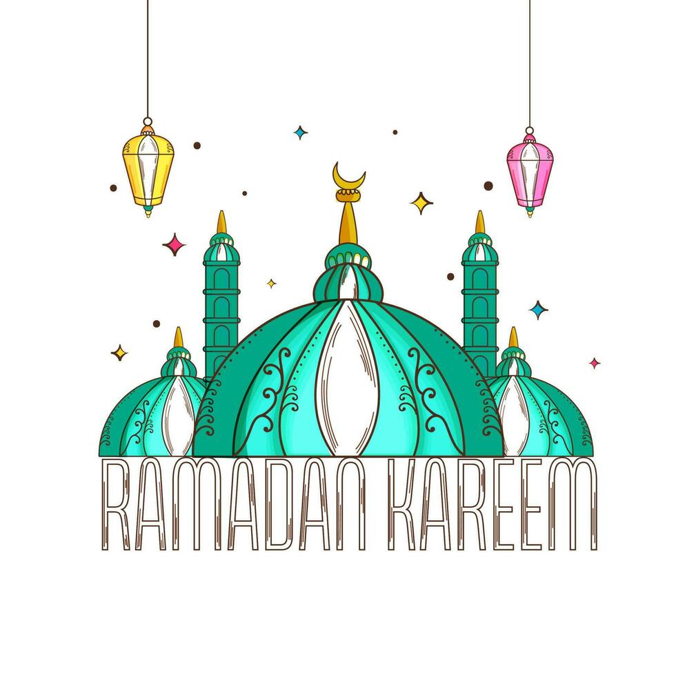 Ramadan Kareem Font With Mosque, Arabic Lanterns Hang On White Background. vector