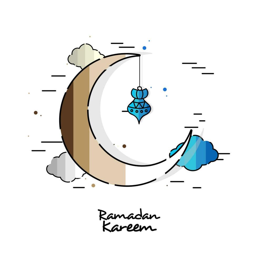 Flat Crescent Moon With Hanging Lantern And Clouds On White Background For Ramadan Kareem Concept. vector