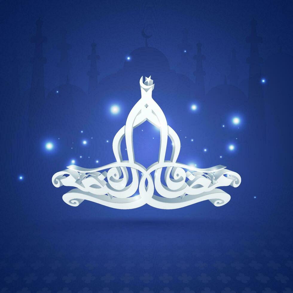 3D White Ramadan Kareem Calligraphy In Arabic Language With Light Effect On Blue Silhouette Mosque Background. vector