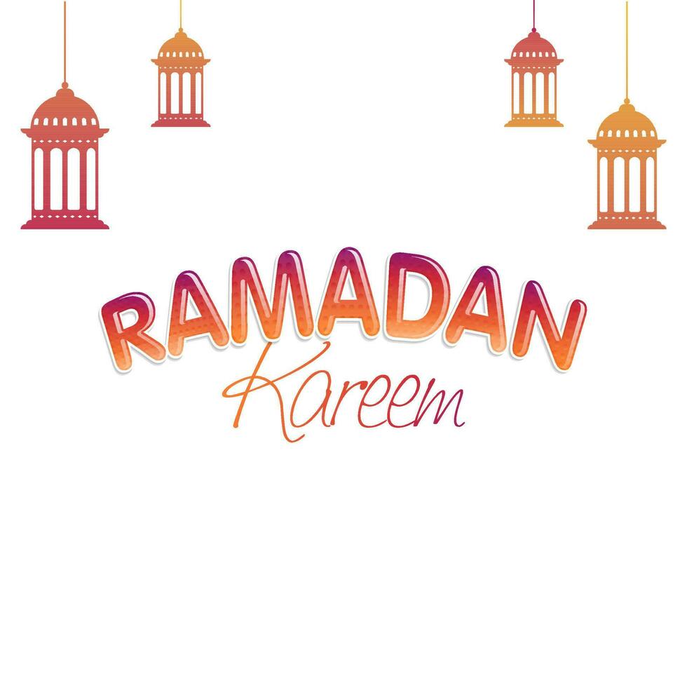 Ramadan Kareem Font With Hanging Arabic Lanterns Decorated On White Background. vector