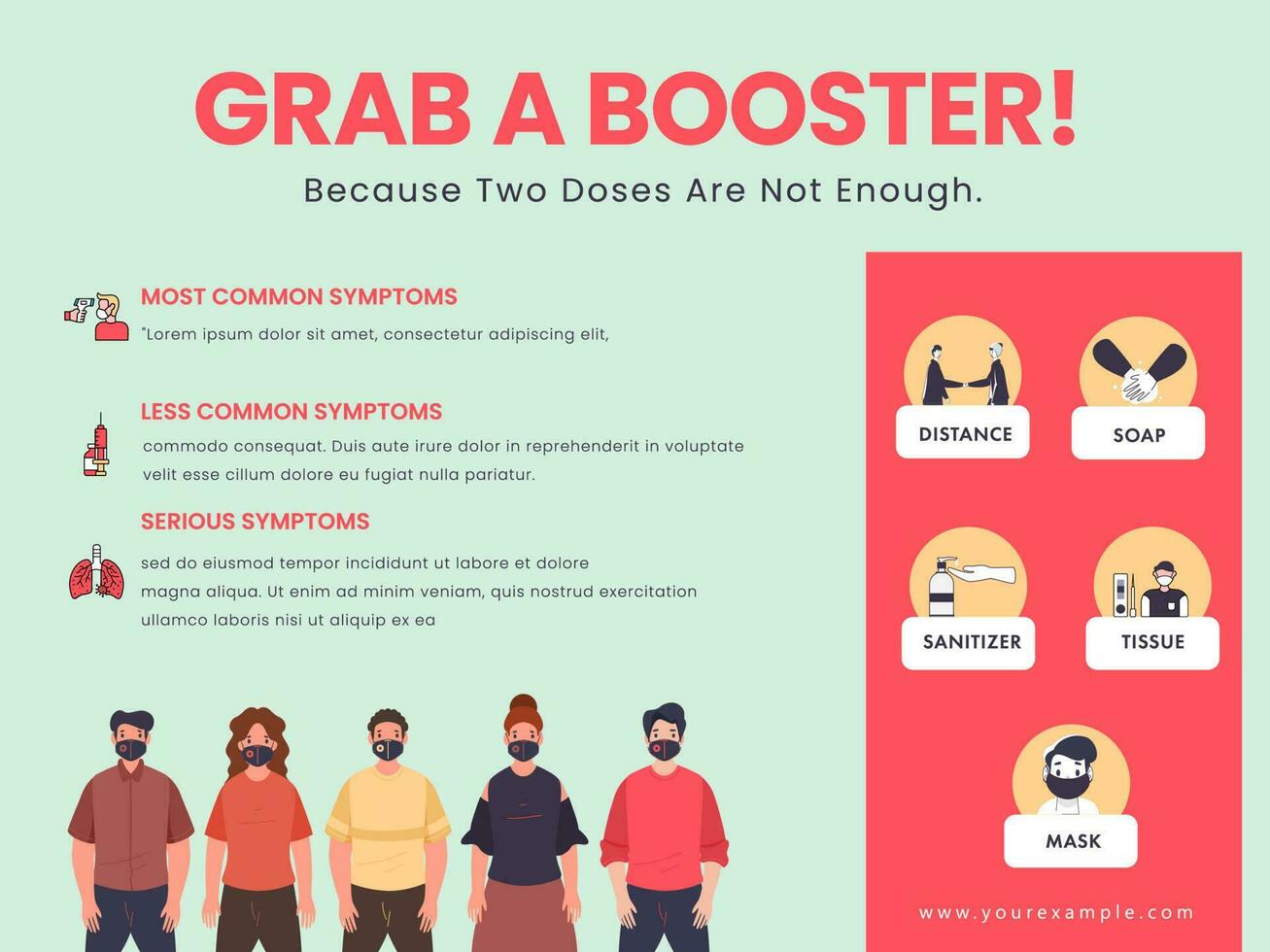 Covid Booster Shots Poster Design With Symptoms, Prevention Information And People Wearing Safety Mask For Awareness Concept. vector