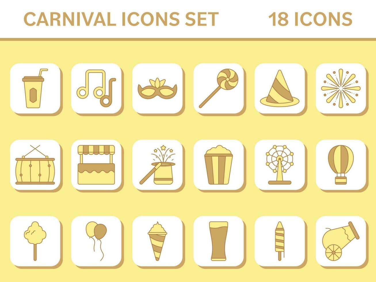 Yellow And Brown Carnival Icon Set On Square Background. vector