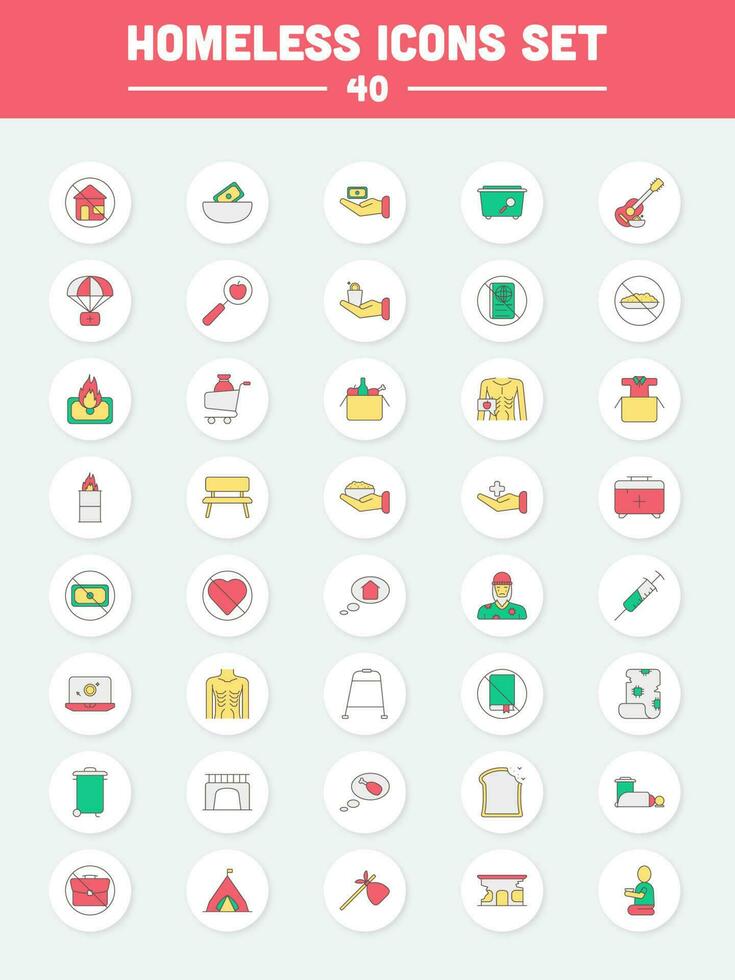 40 Colorful Homeless Circle Icon Set In Flat Style. vector