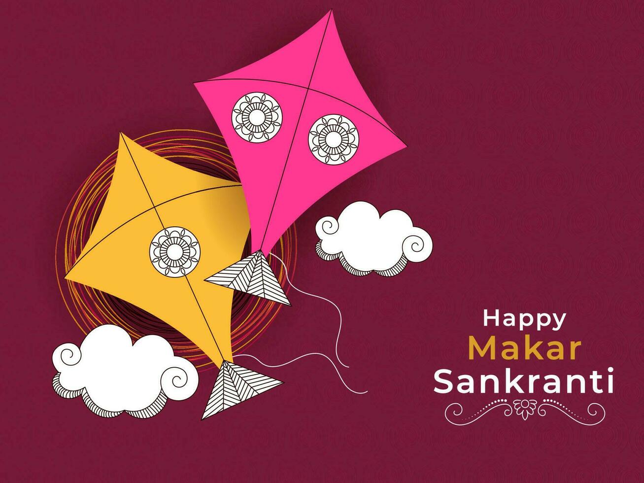 Happy Makar Sankranti Poster Design With Two Kites, Clouds On Pink Swirl Pattern Background. vector