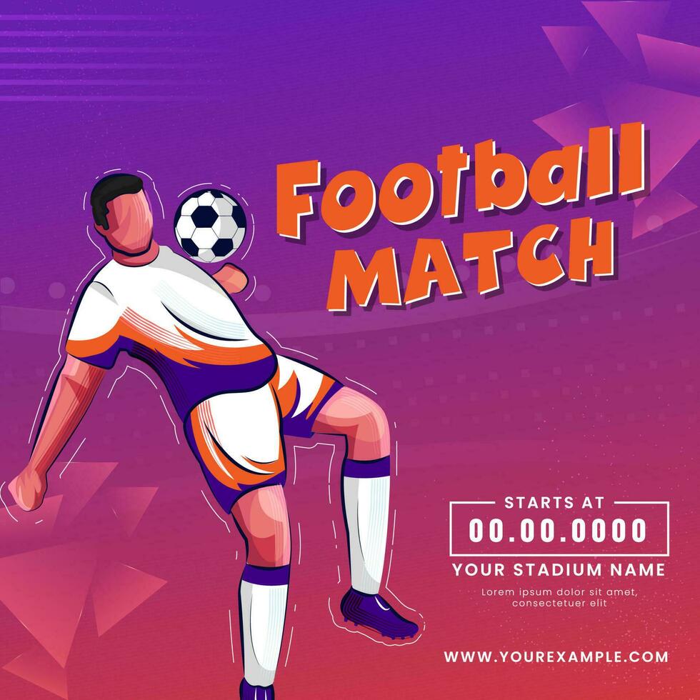 Football Match Poster Design With Faceless Footballer Player Hitting Ball From Chest On Purple And Red Geometric Background. vector