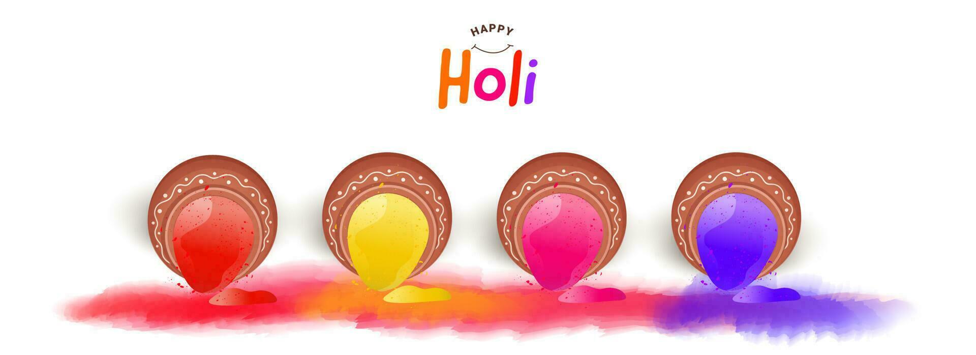 Happy Holi Celebration Concept With Colorful Paint Pouring From Earthen Pots Against White Background. vector