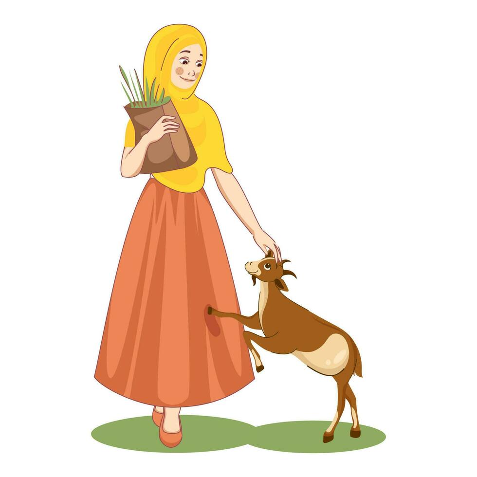 Beautiful Islamic Young Woman Holding Paper Bag Of Grass And Goat Animal On White Background. vector