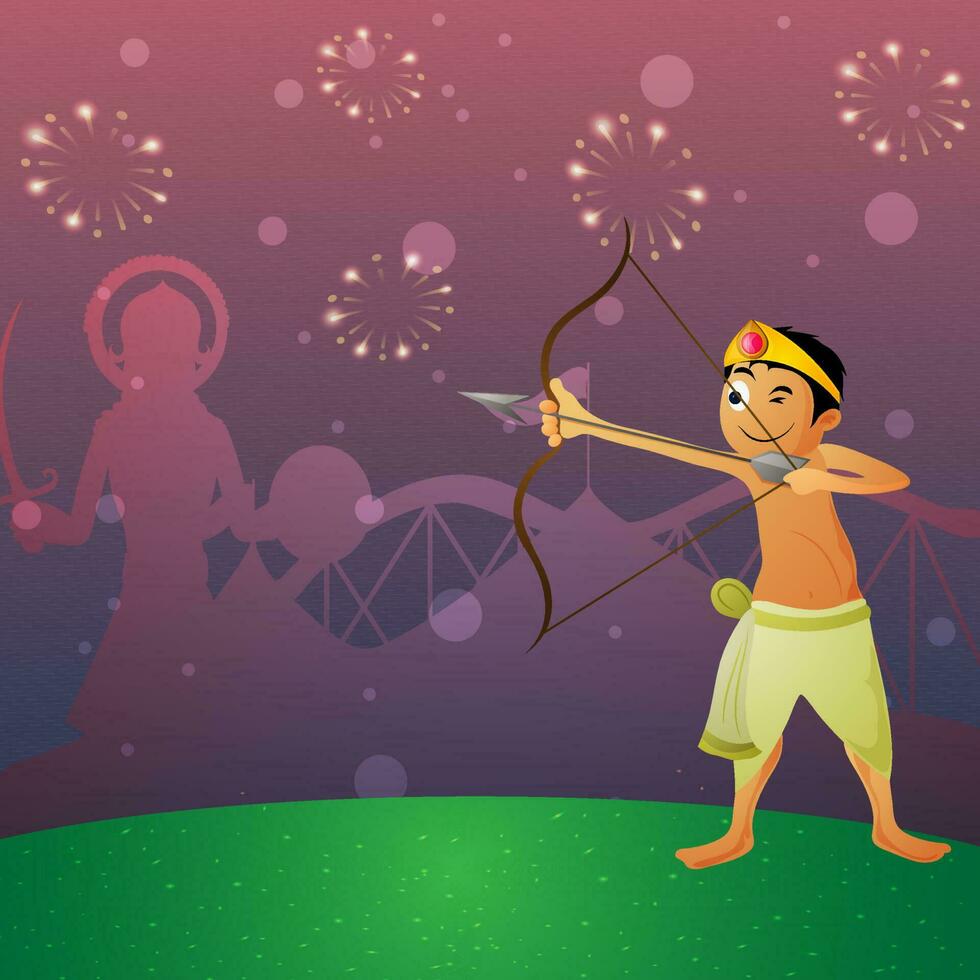 Young Boy Taking An Aim Against Silhouette Demon Ravana On Purple And Green Fireworks Background For Dussehra Celebration Concept. vector