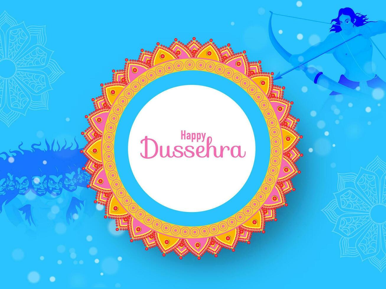 contento dussehra letras terminado mandala marco con señor rama tomando un objetivo en contra demonio ravana en azul bokeh antecedentes. vector