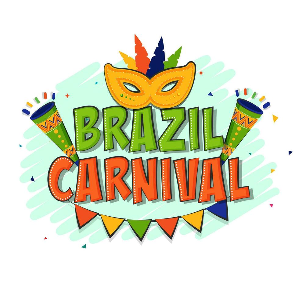 Brazil Carnival Font With Feather Mask, Vuvuzela, Bunting Flags On Turquoise Scribble Smear On White Background. vector