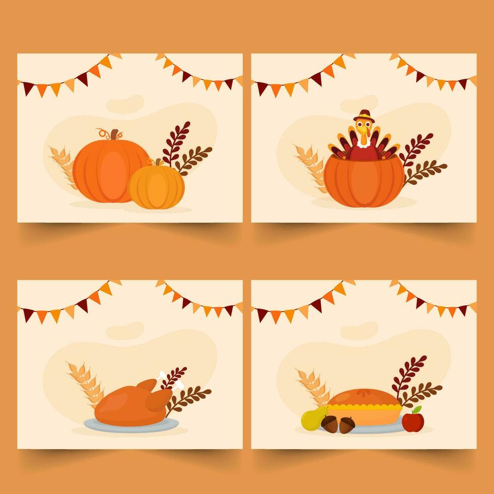 acción de gracias colección con calabaza, Turquía pájaro, trigo oreja, asado pollo, tarta pastel, Fruta y verderón banderas vector