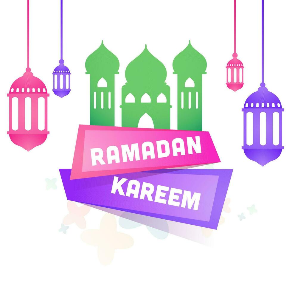 Ramadan Kareem Font With Flat Mosque, Arabic Lanterns Hang On White Background. vector