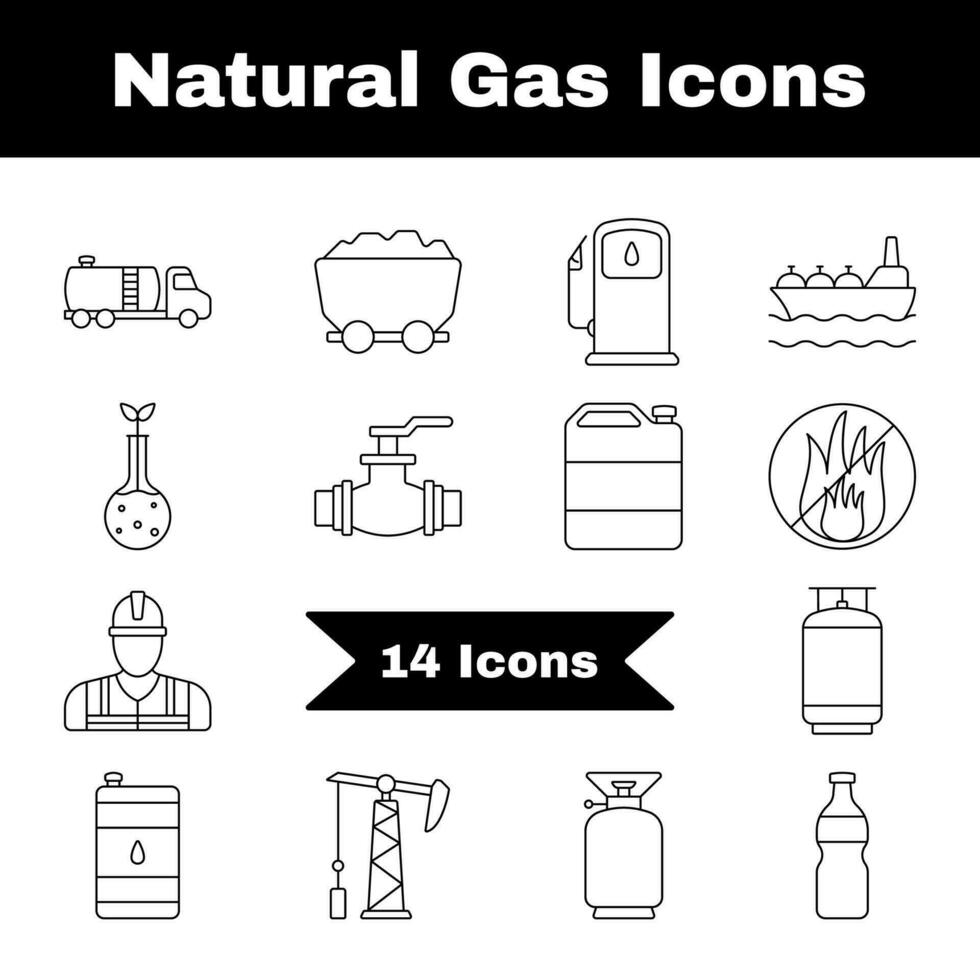 Black Line Art Set Of Natural Gas Icon In Flat Style. vector