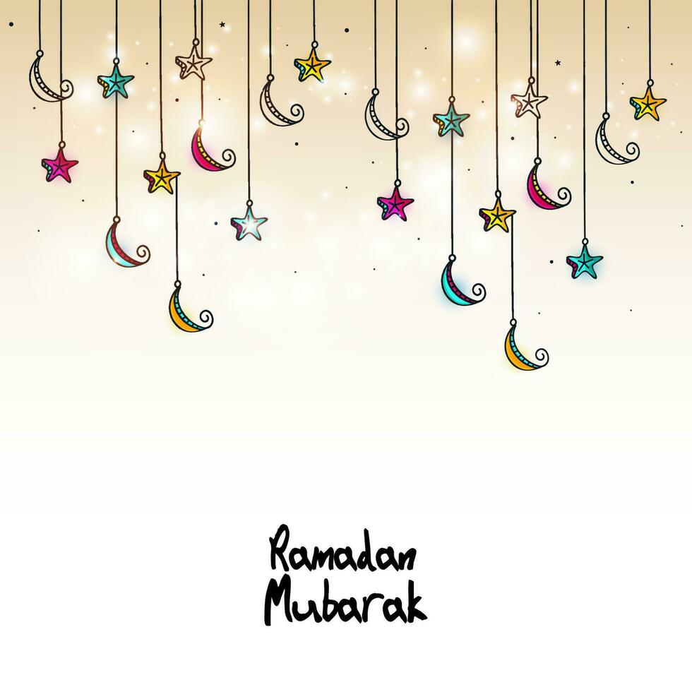 Doodle Style Crescent Moon With Stars String And Lights Effect On Background For Ramadan Mubarak Concept. vector