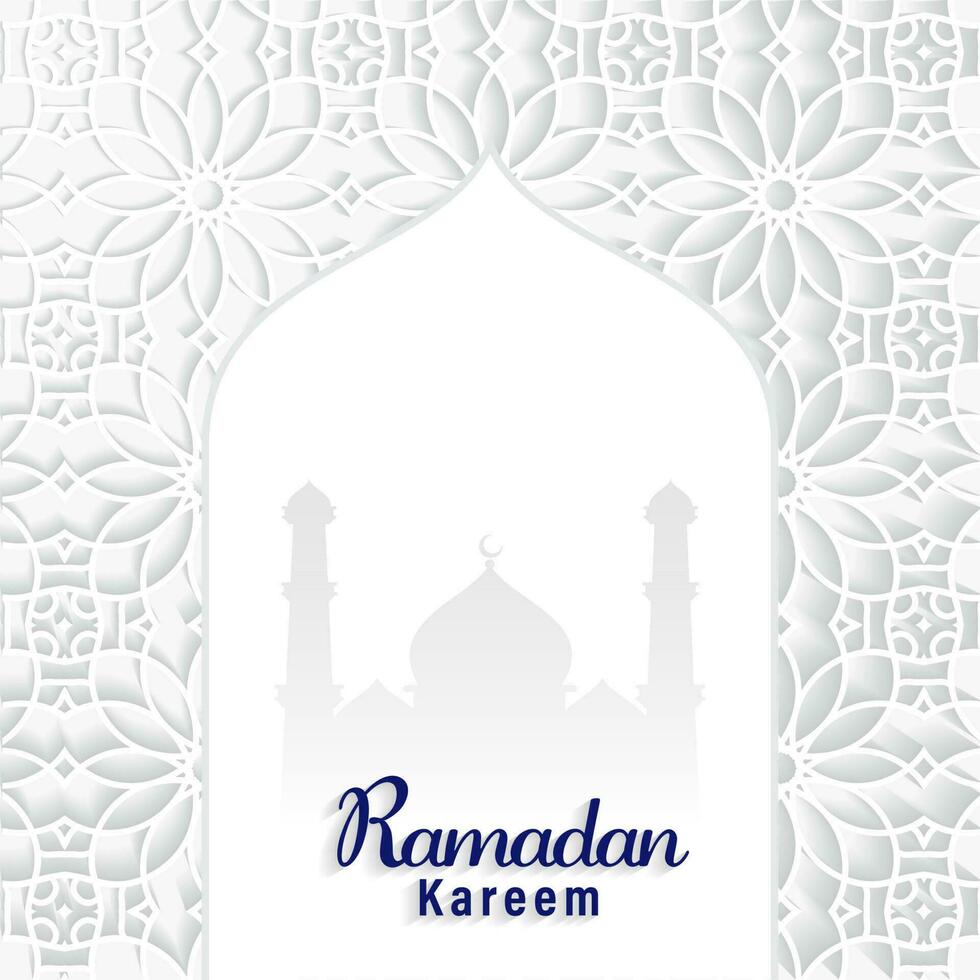 Blue Ramadan Kareem Text With Silhouette Mosque On White Laser Cut Islamic Pattern Background. vector