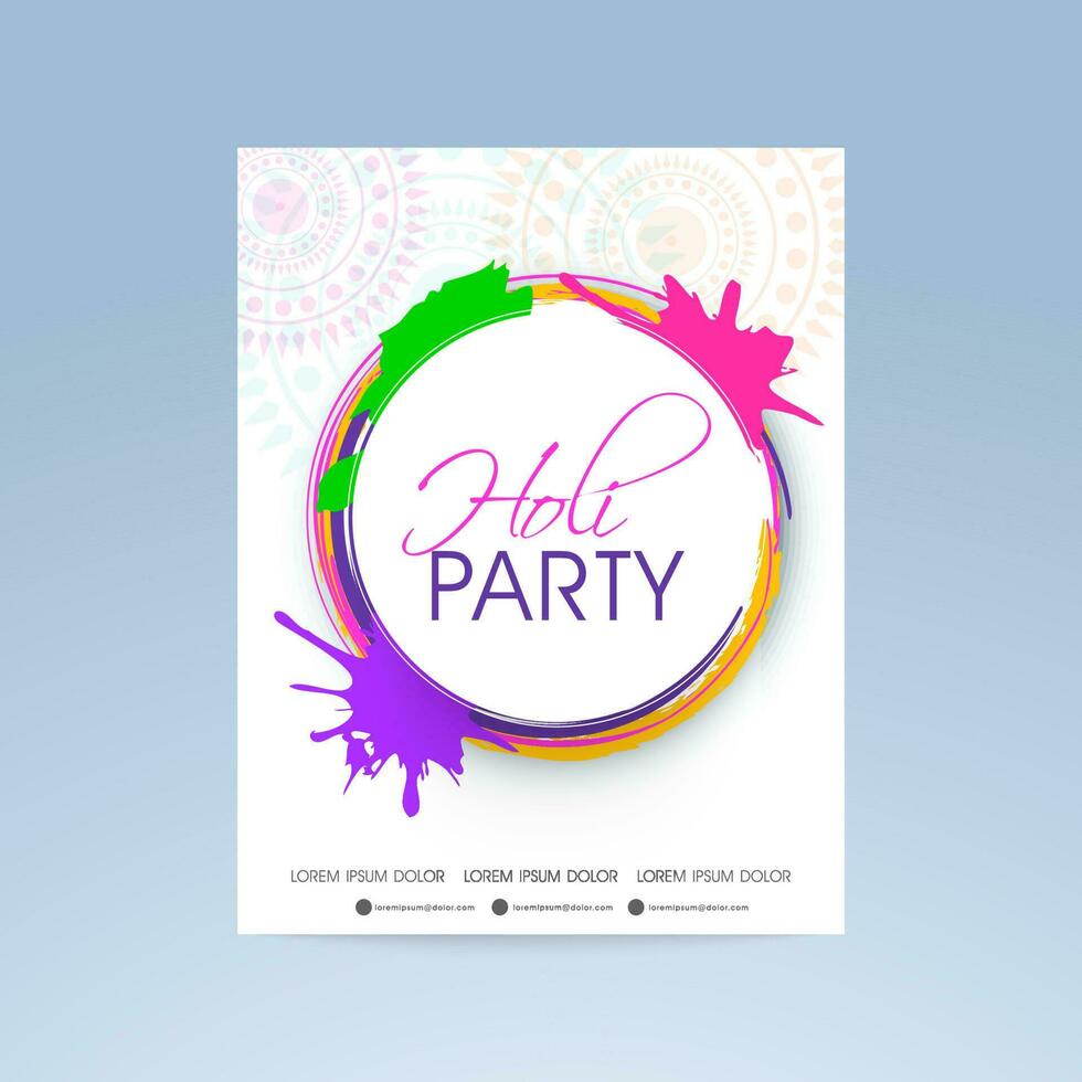 holi fiesta volantes o invitación tarjeta con mandala modelo en blanco color. vector