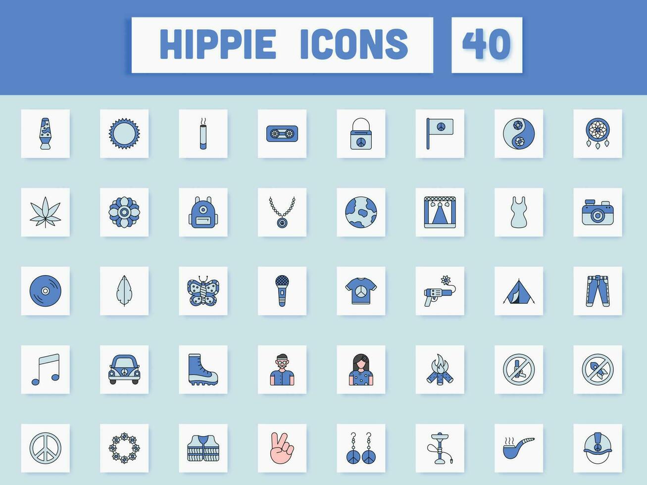 Flat Style Hippie Blue Icon Set On White Square Background. vector