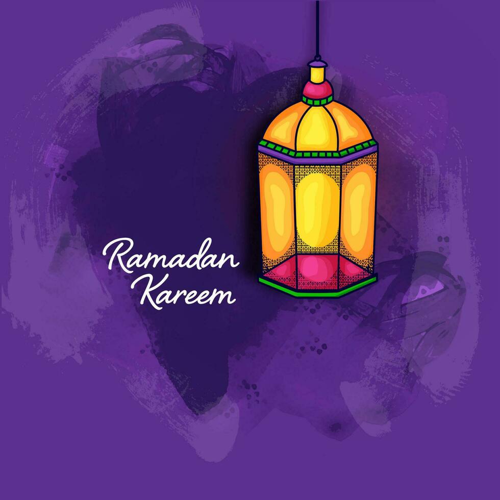 Ramadan Kareem Celebration Concept With Arabic Lantern Hang On Purple Brush Grunge Background. vector