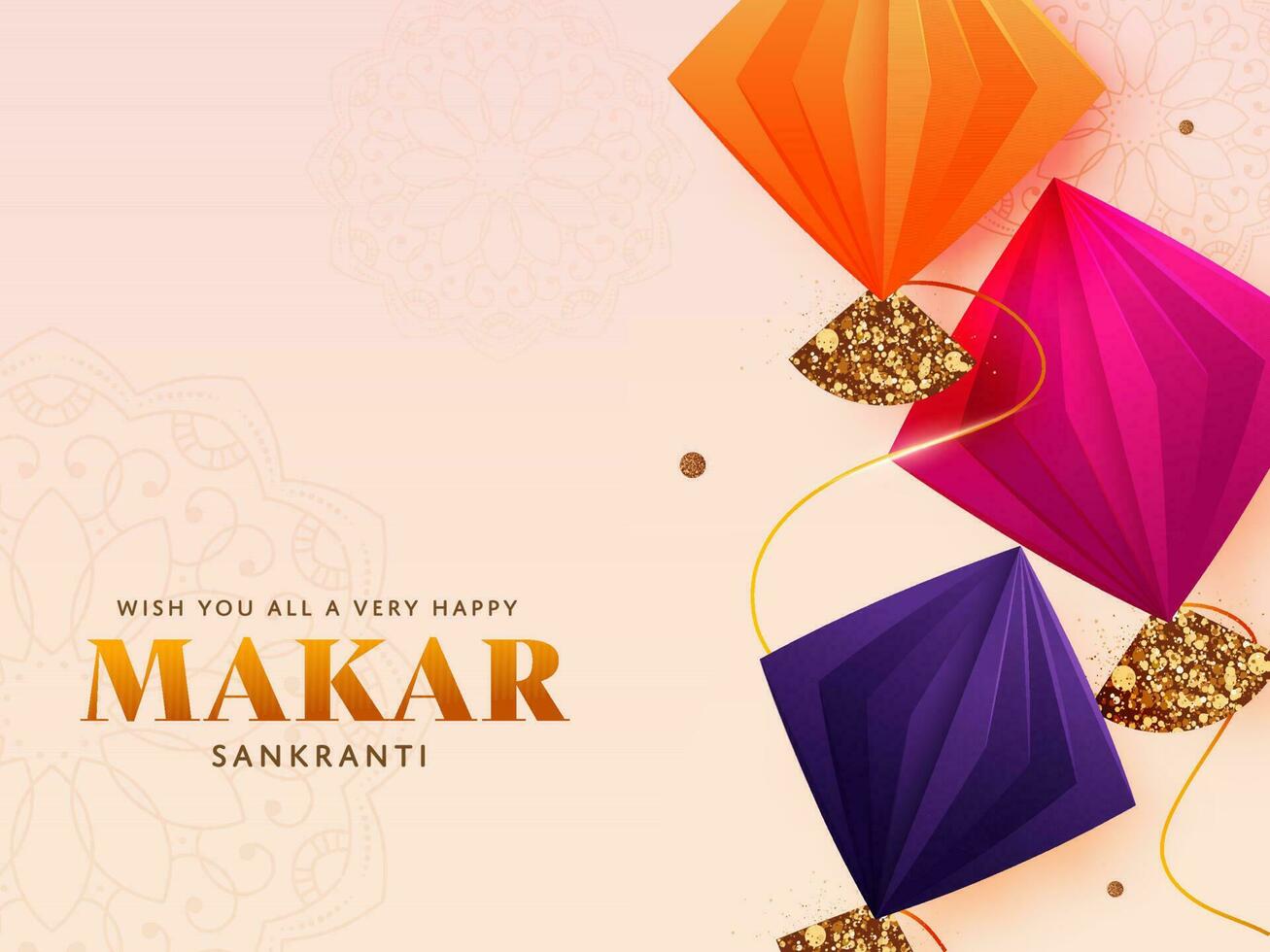 Happy Makar Sankranti Wishes With Colorful Origami Paper Kites On Pastel Pink Mandala Background. vector