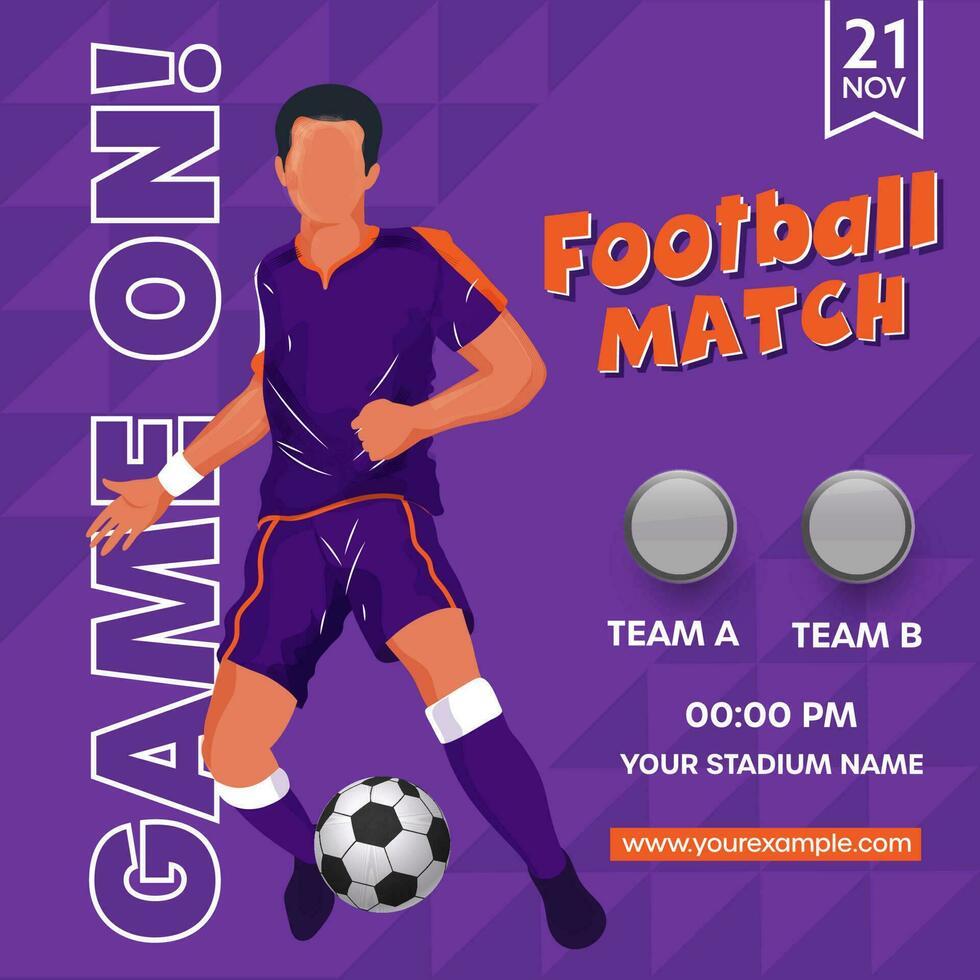 Football Match Game On Font With Faceless Footballer Player Kicking Ball On Purple Geometric Pattern Background. vector