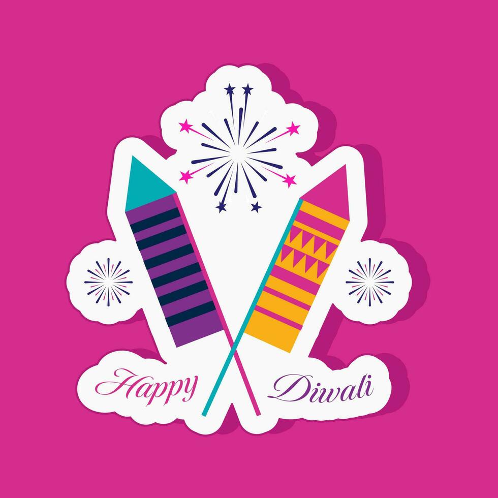 Illustration Of Cross Firecracker Rocket With Fireworks Pink Background For Happy Diwali Sticker. vector