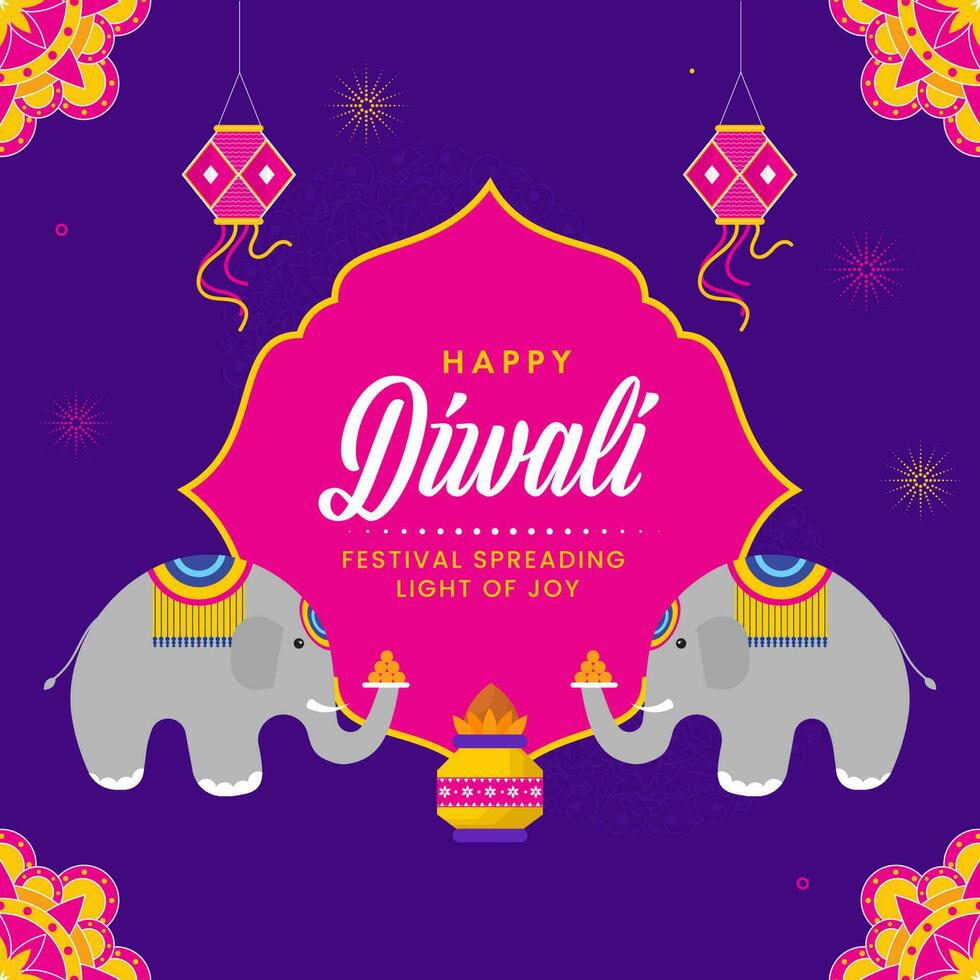 Happy Diwali Greeting Card With Elephant Animals, Traditional Pot, Lantern Hang On Pink And Purple Background. vector