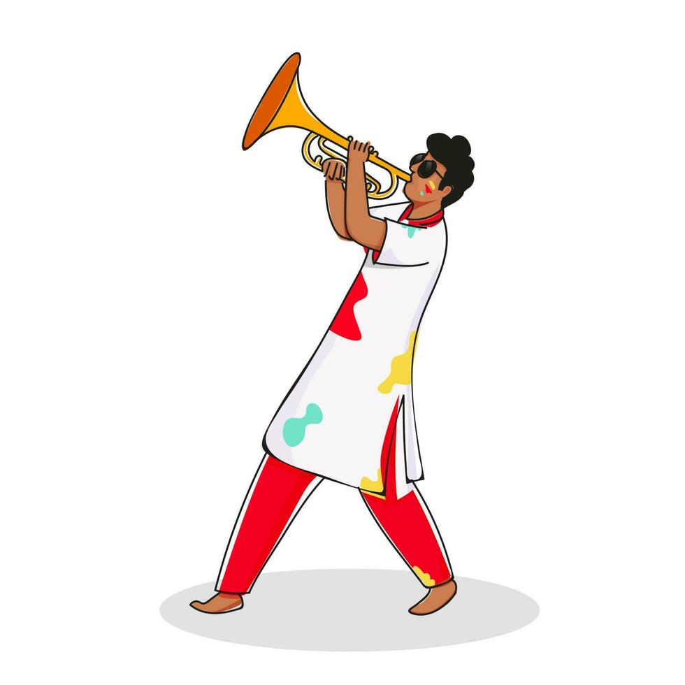 Young Indian Man Playing Trumpet With Color Stains On White Background. vector