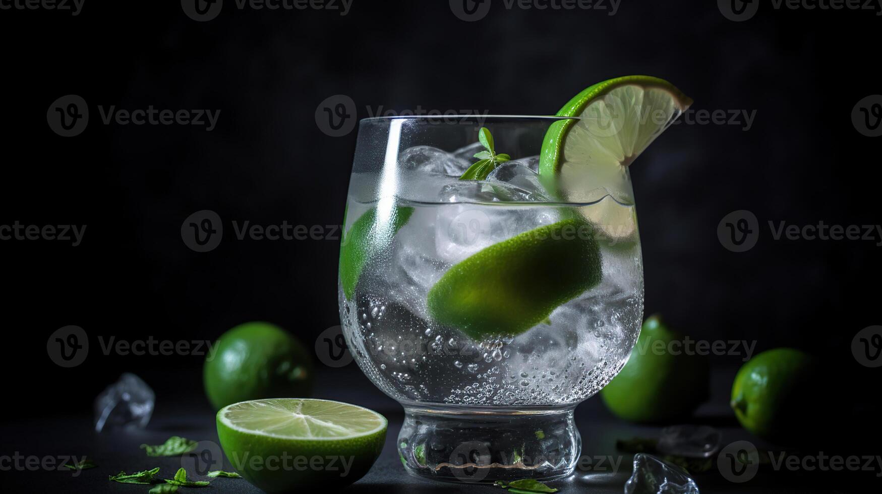 Cold cocktail with lime, tonic, vodka and ice on black background, photo