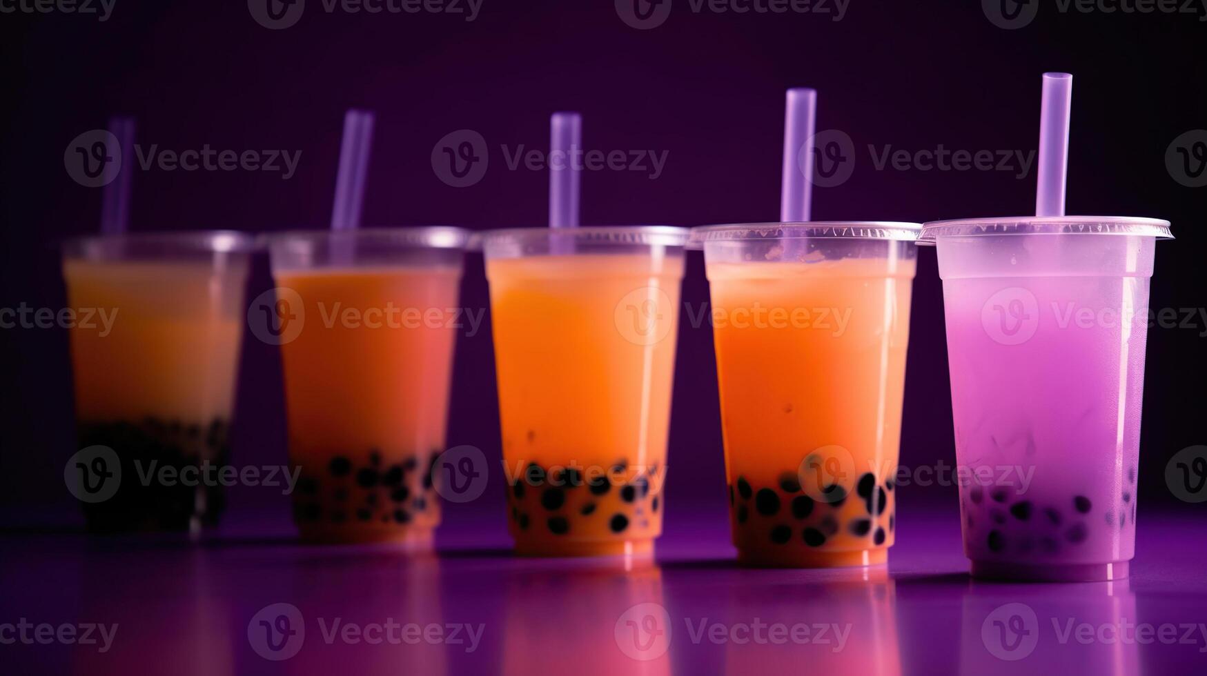 Tasty bubble tea on purple background, photo