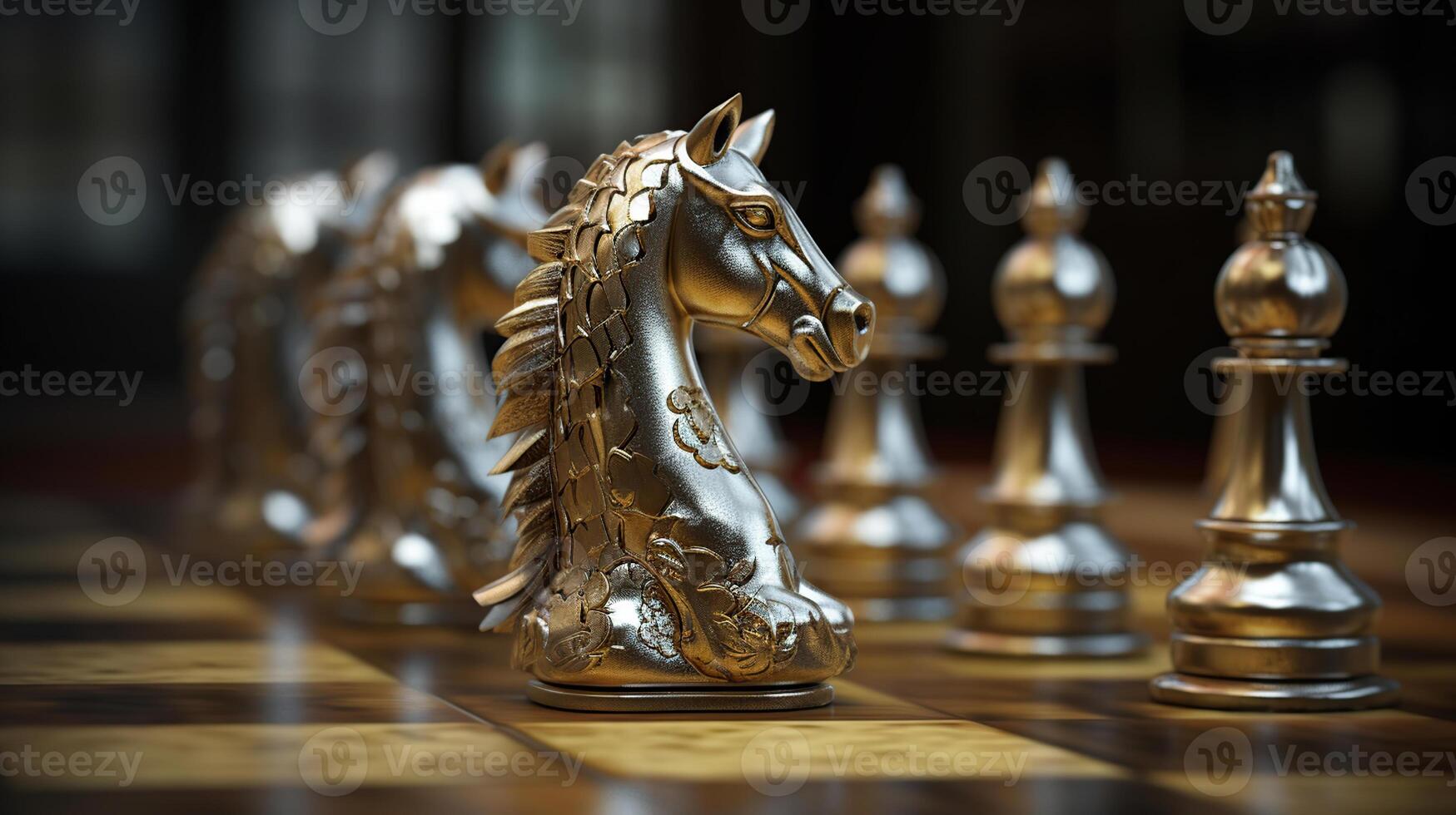 Golden chess unicorn with silver pawns - 3D illustration, photo