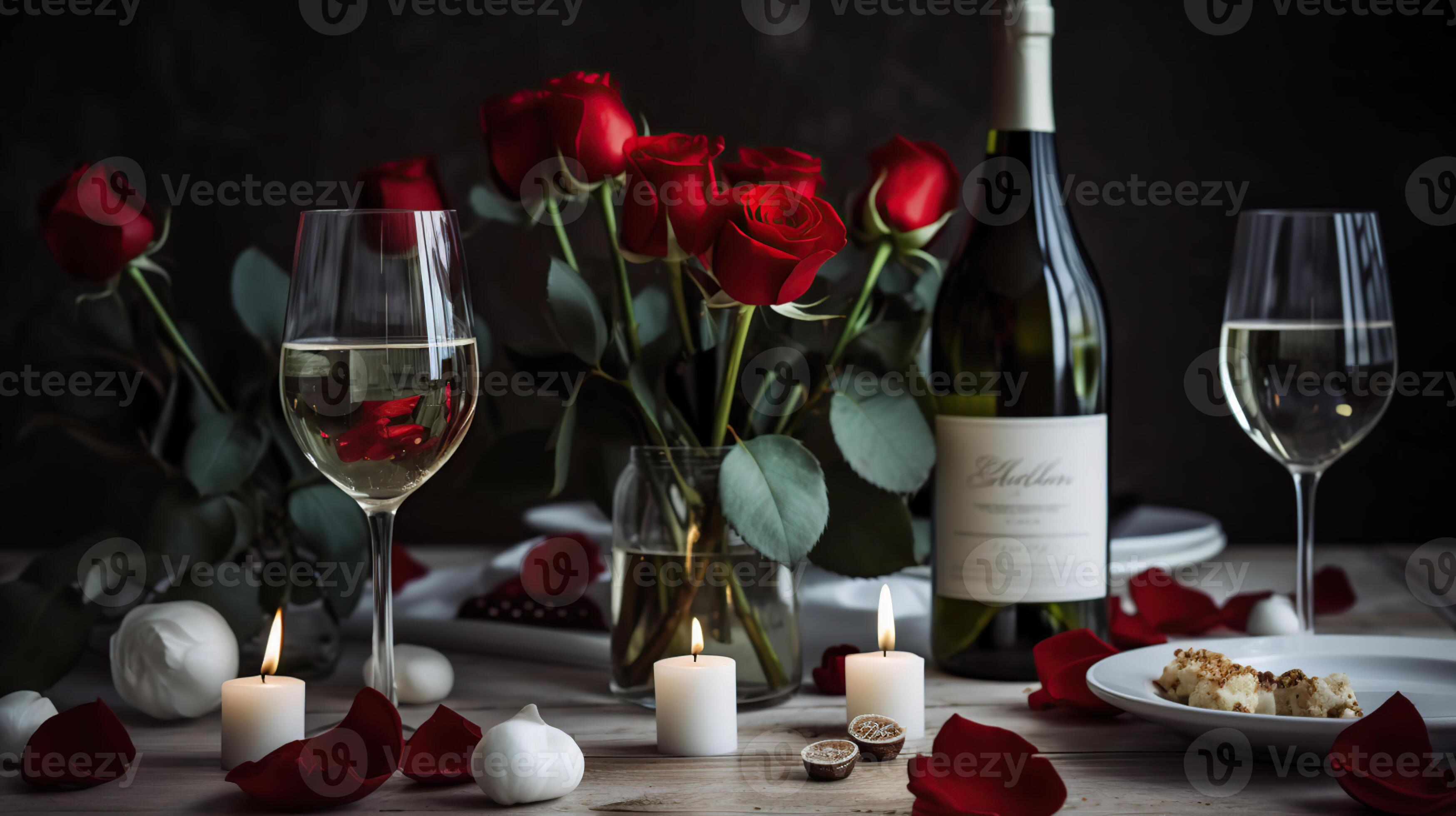 Valentines Day Dinner White Romantic Table Setting With Wine Gift And