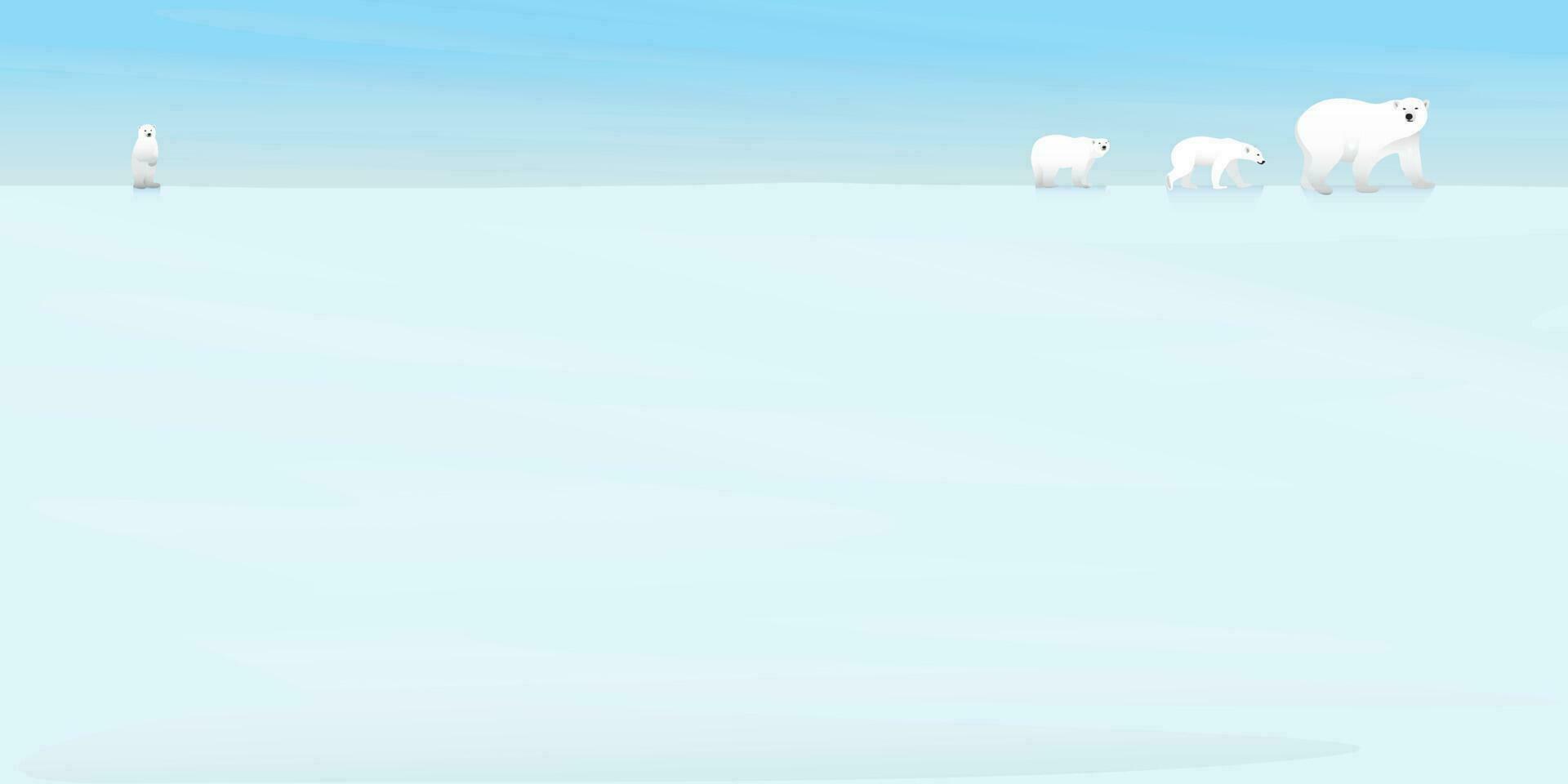 Polar bears family walking on ice at North Pole flat design vector illustration. Snow landscape concept with blank space.
