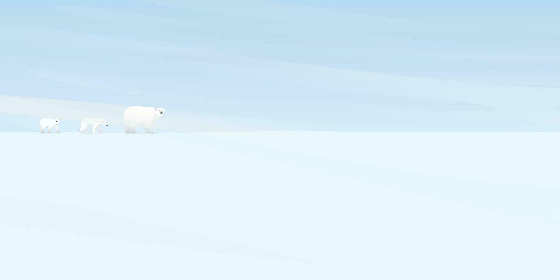 Polar bears family walking on ice in nebulous weather at North Pole vector illustration. Snow landscape concept with blank space.