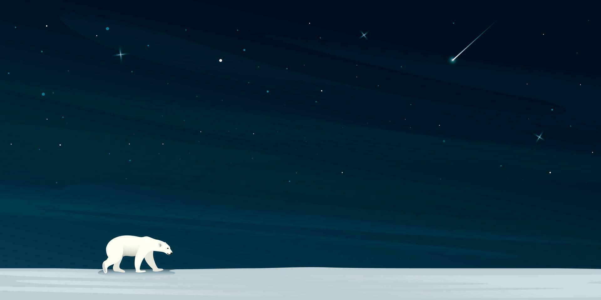 Night at North Pole have polar bear walking alone on ice with a lot of stars on the sky background. Snow landscape concept vector illustration with blank space.