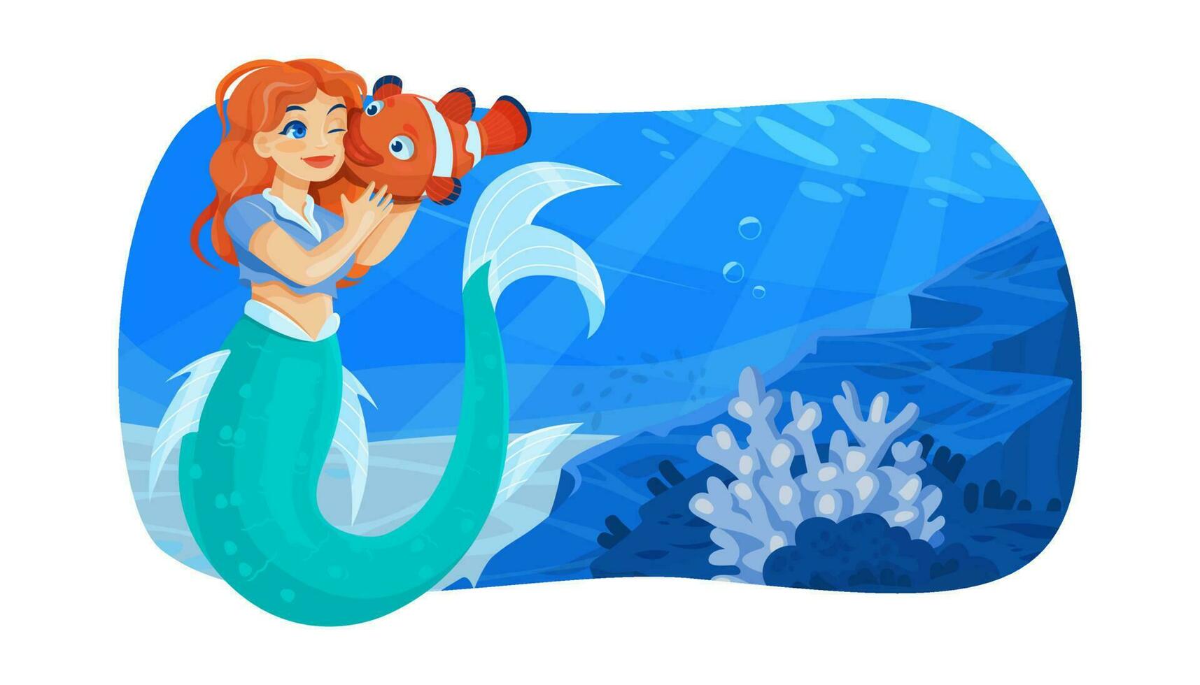 Cute mermaid with little fish against the backdrop of seascape. vector