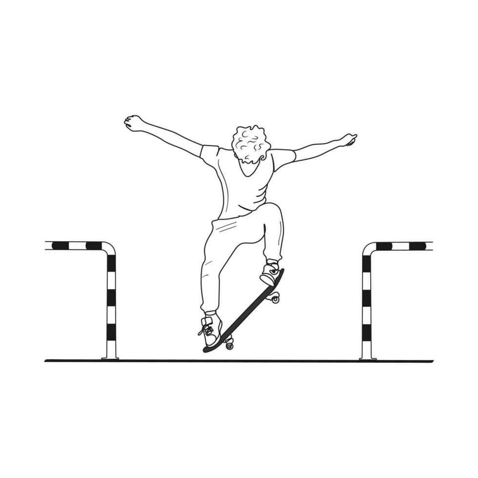 Skateboarder doing a trick with skateboard. Man playing skateboard for exercise and hobby. Sport concept. Hand drawn vector illustration.