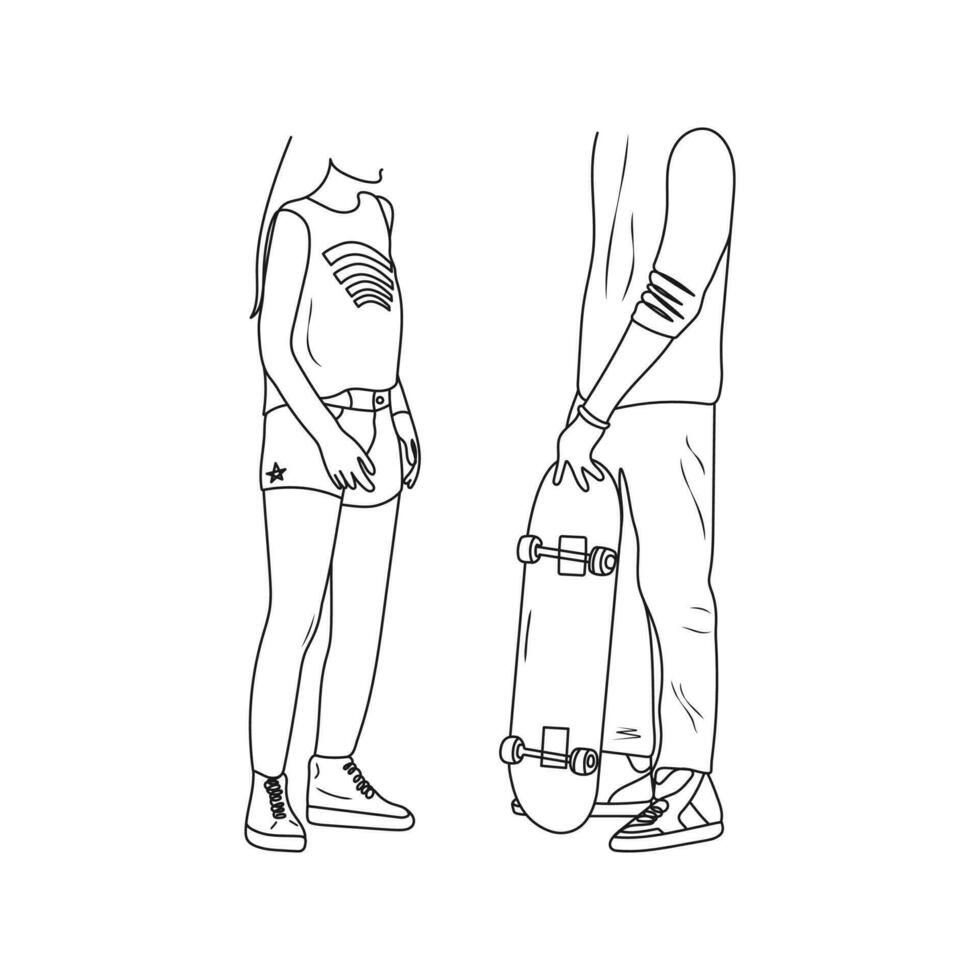 Teenagers lifestyle. Young woman and man with skateboard. Youth style concept. Hand drawn vector illustration.