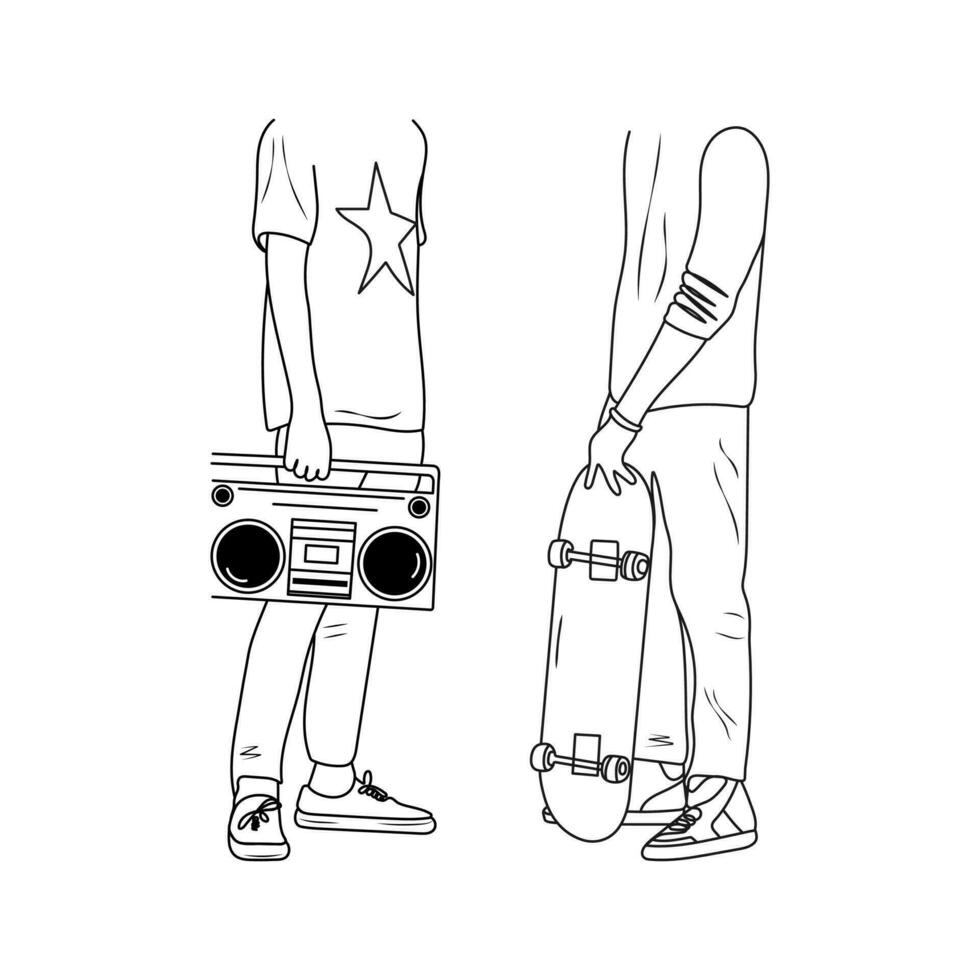 Teenagers lifestyle. Young men with boombox and skateboard. Youth style concept. Hand drawn vector illustration.