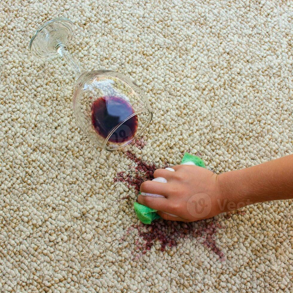 glass of red wine fell on carpet, wine spilled on carpet. Female hand cleans the carpet with a sponge and detergent. photo