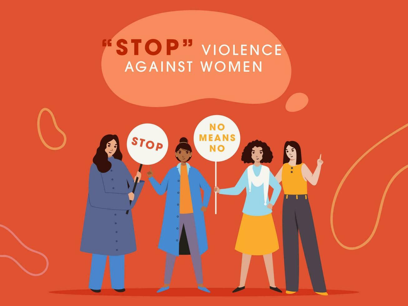 Stop Violence Against Women Concept Based Poster Design With Group Of Protester Girls Holding Placard On Orange Background. vector