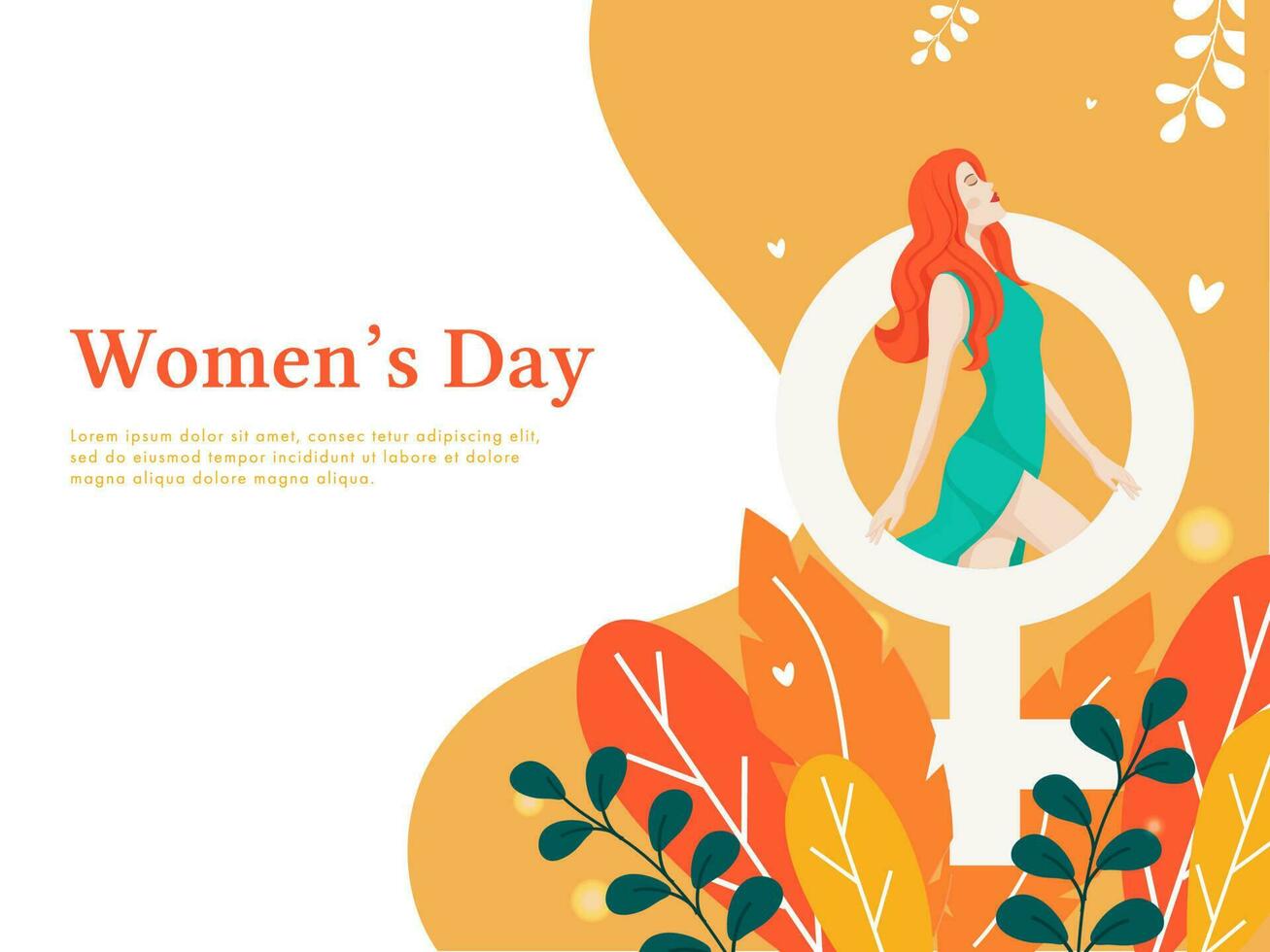 De las mujeres día póster diseño con moderno joven chica, Venus firmar, hojas decorado en amarillo y blanco antecedentes. vector