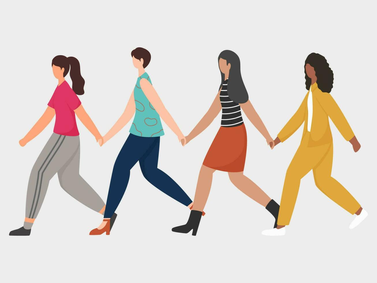 grupo de joven mujer participación manos cada otro en caminando pose. vector